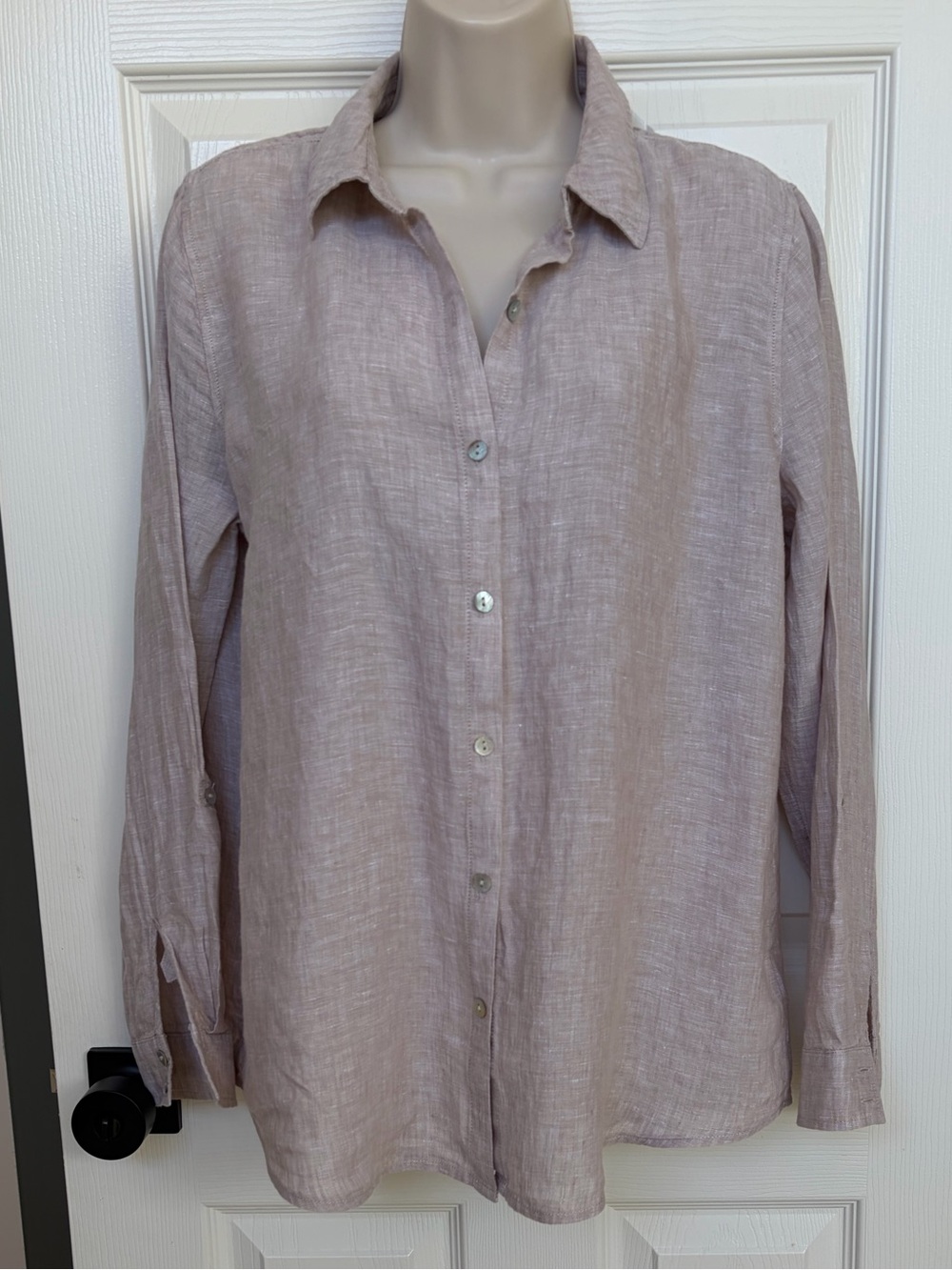 Martha Stewart Collection 100% Linen Button Up Roll Tab Shirt Sz Medium Taupe